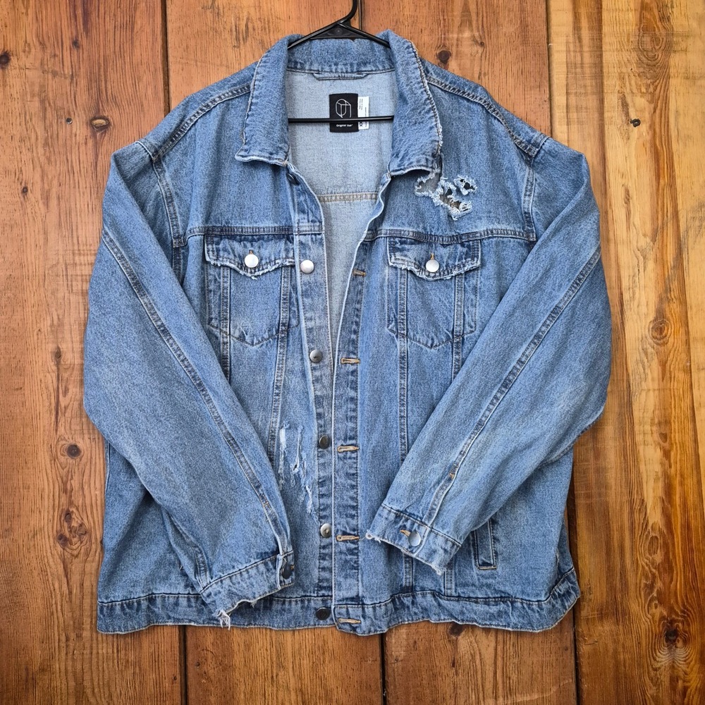 Original Use Men's Oversized Distressed Denim Jacket Light Wash Frayed Ripped